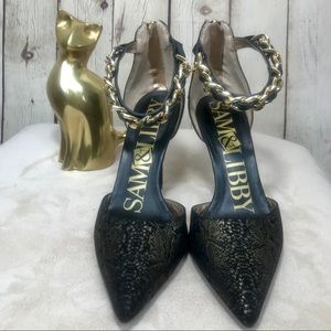 Sam & Libby black heel with gold chain ankle strap